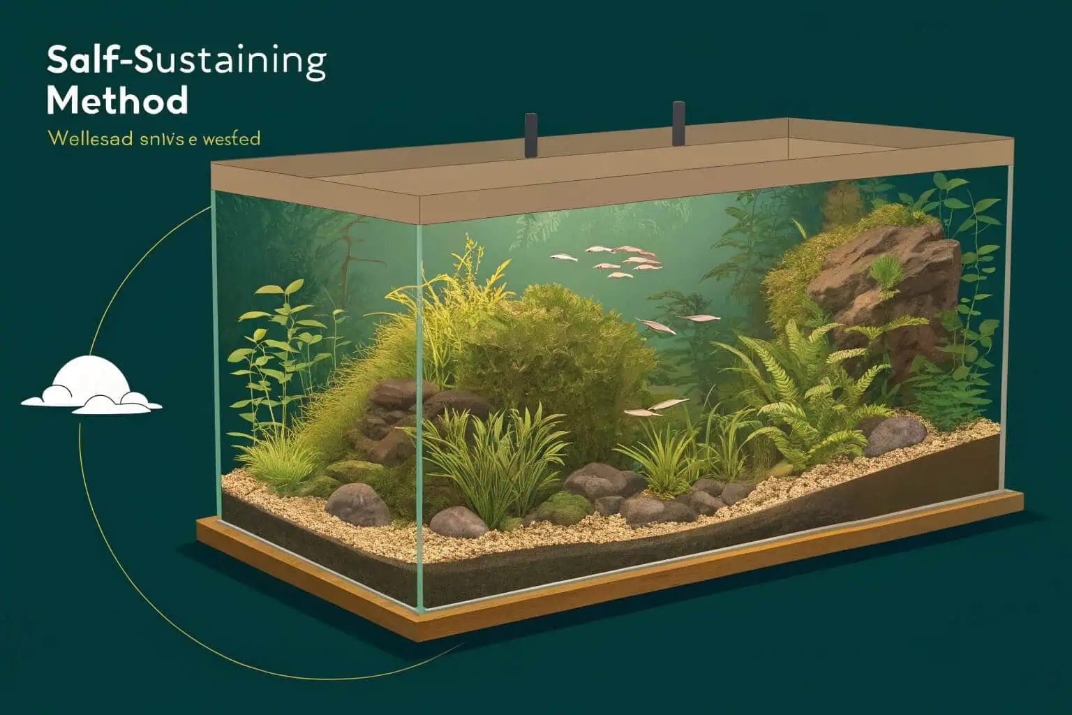 A beautifully balanced planted aquarium with a few small fish, illustrating a close-to-self-sustaining ecosystem.