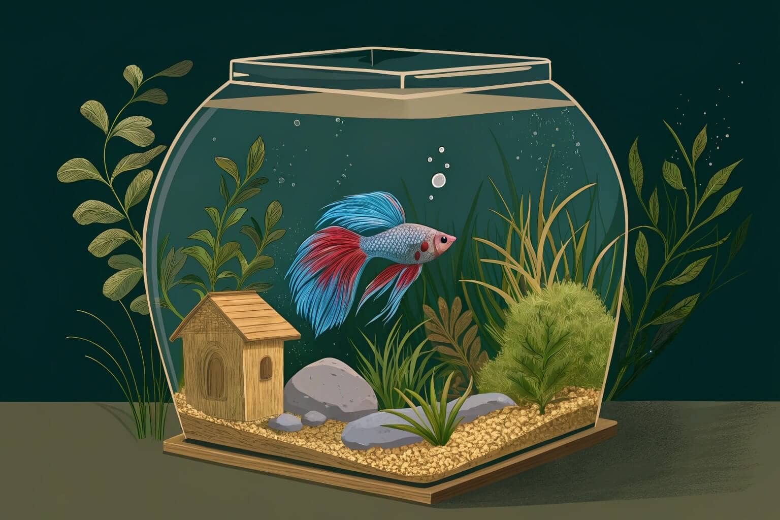 A colorful Betta fish swimming in a small, well-maintained tank, representing the ideal low-maintenance pet.