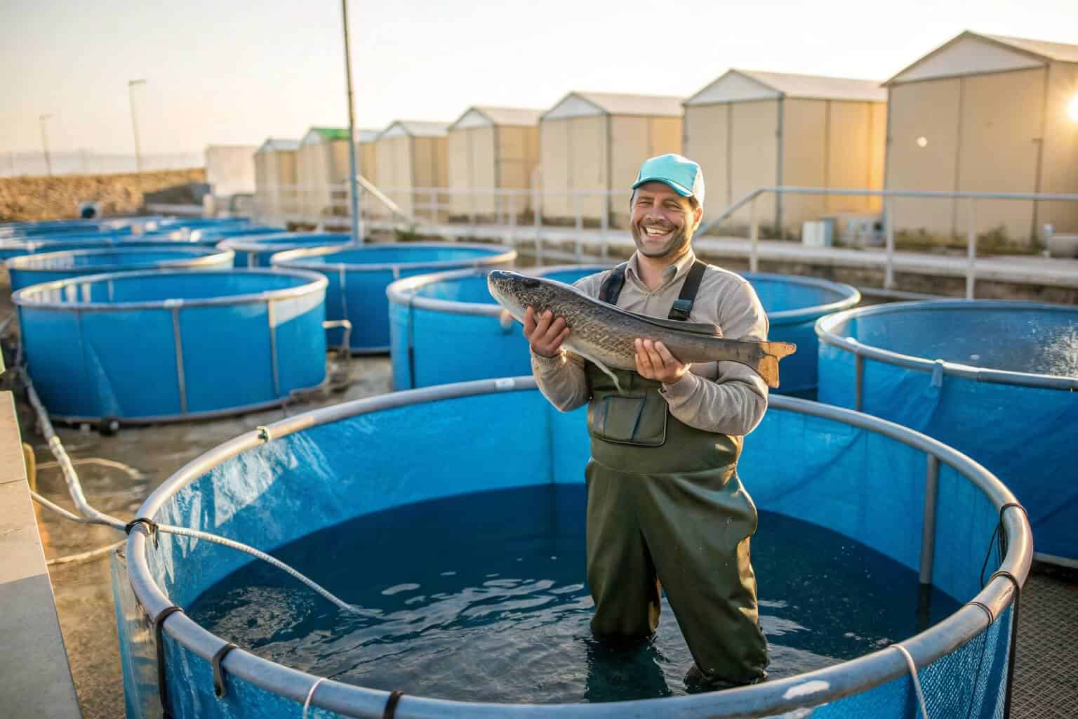 A fish farmer holding a large, healthy catfish