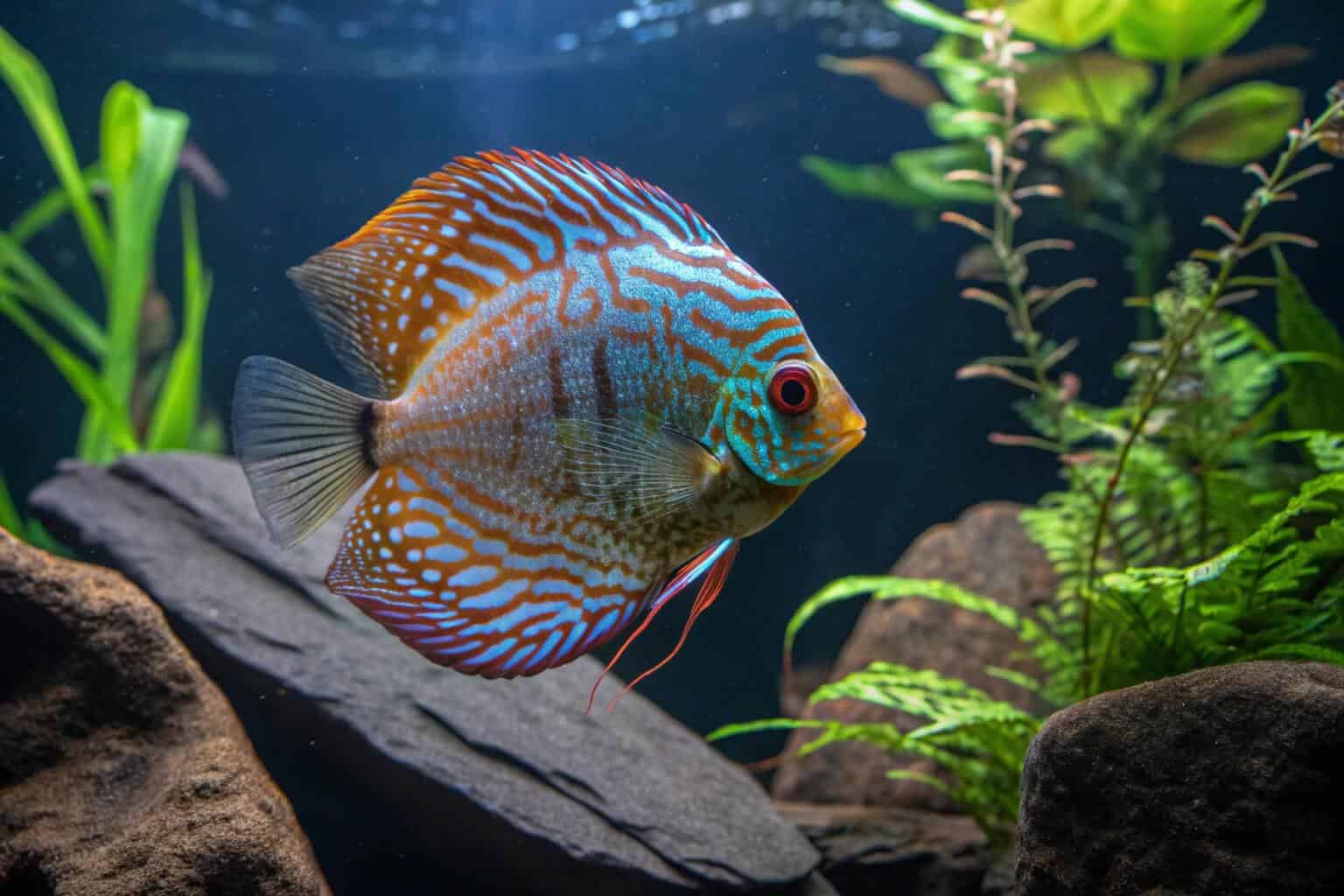 A vibrant and rare Discus fish in a planted aquarium
