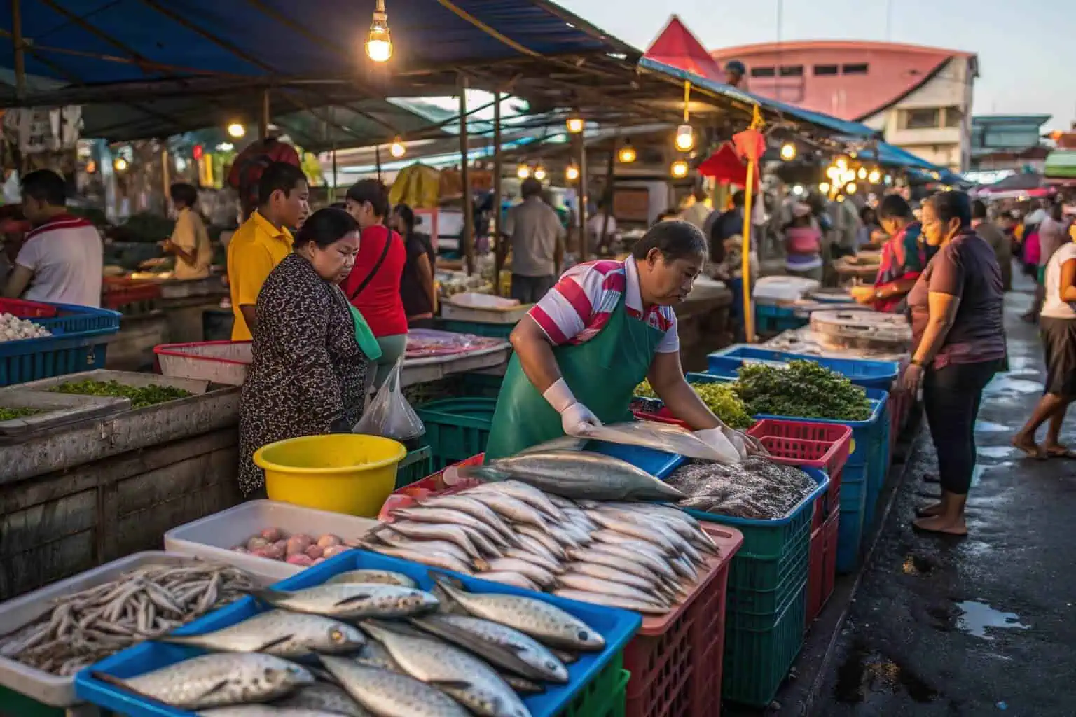 A bustling fish market with Tilapia for sale