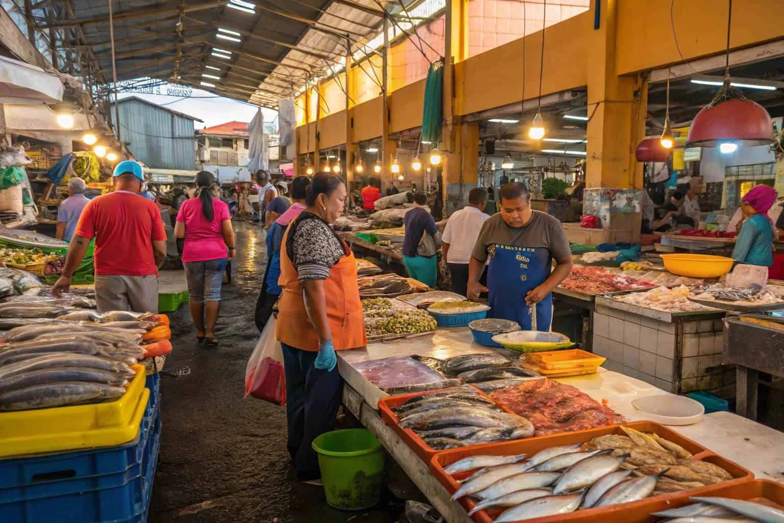 A bustling fish market with various types of fish like salmon and tilapia