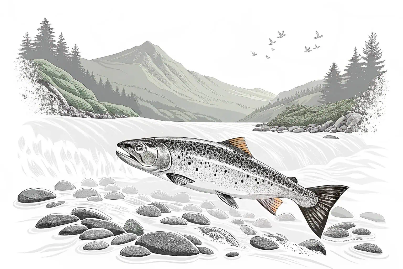 A salmon swimming in a clear river