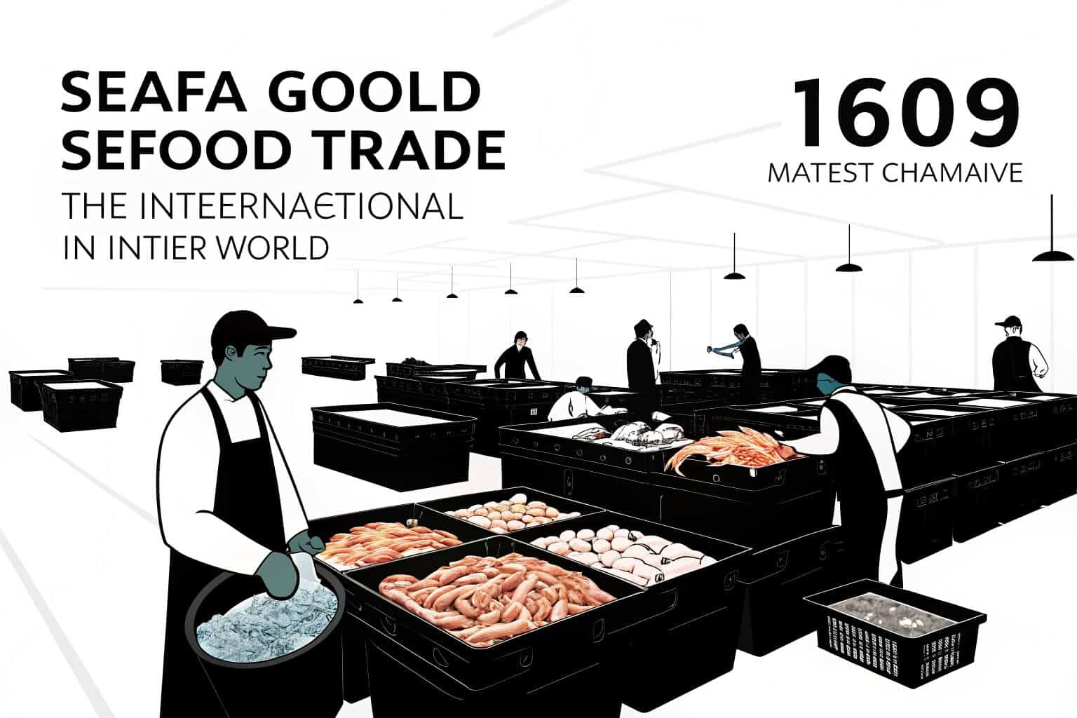 A bustling fish market with various types of seafood being traded