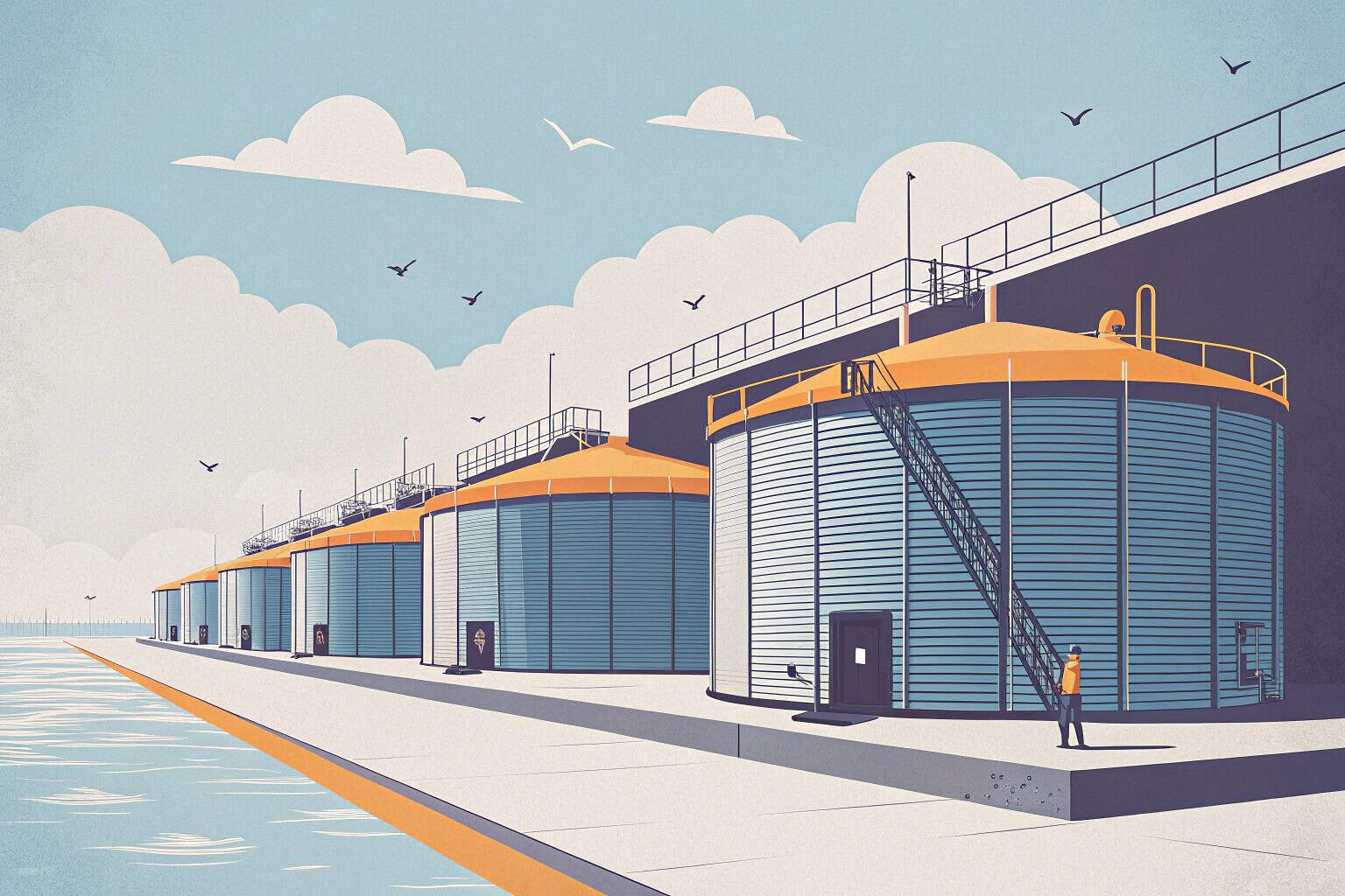 A large-scale fish farm with many tanks