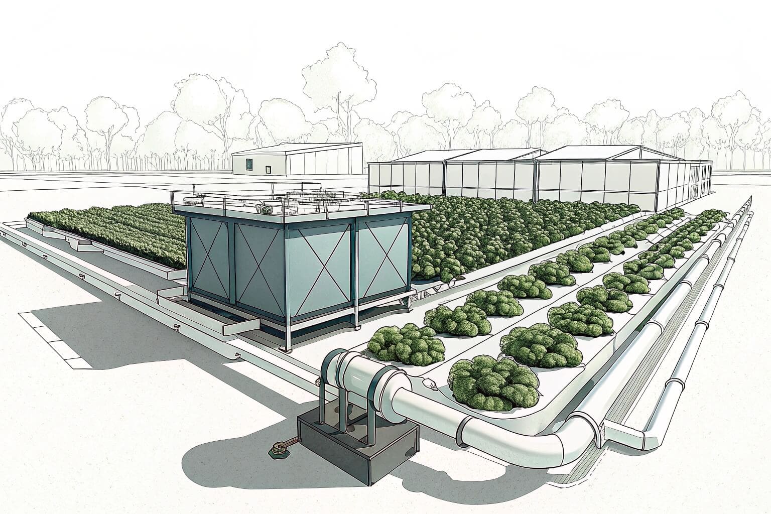 An integrated farm showing a fish pond next to lush green crops