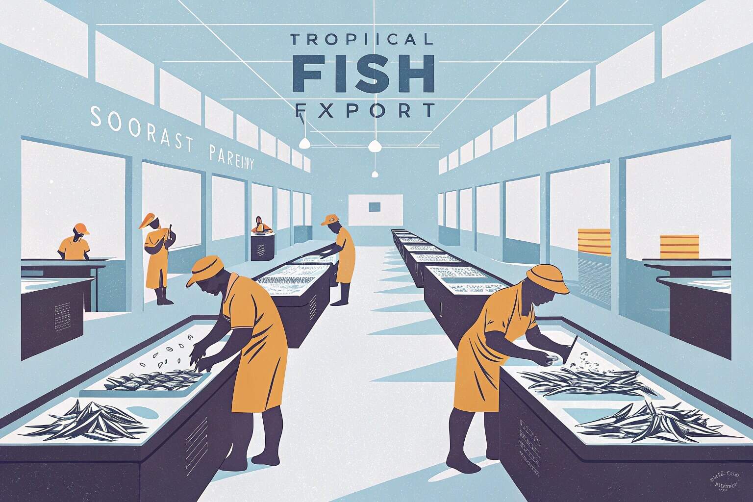 Workers sorting fish for export at a facility