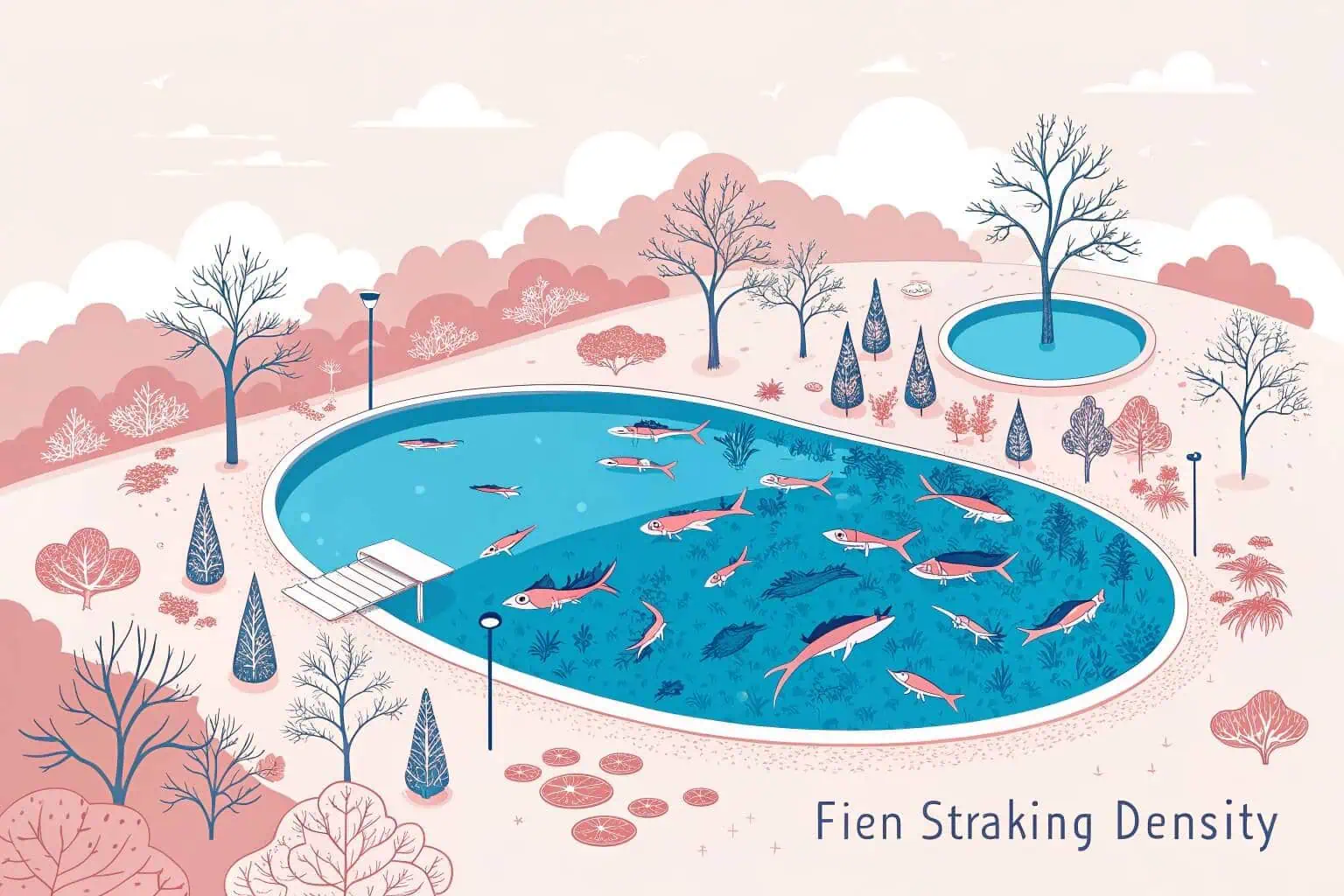 An aerial view of a one-acre pond with fish swimming