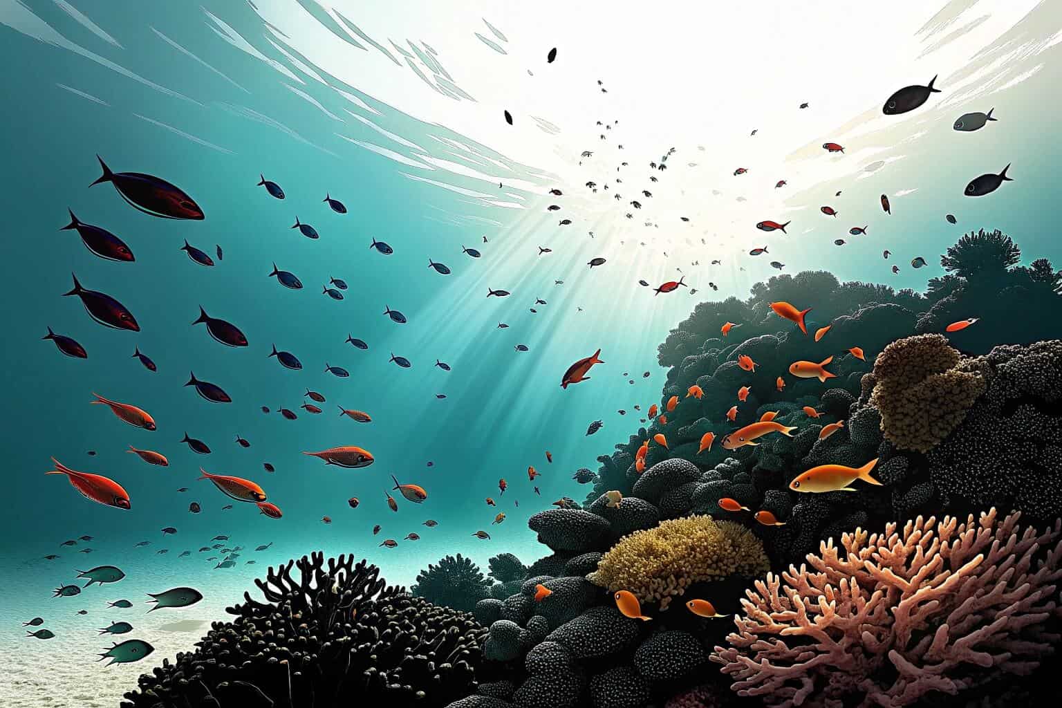 A vibrant coral reef teeming with diverse fish species