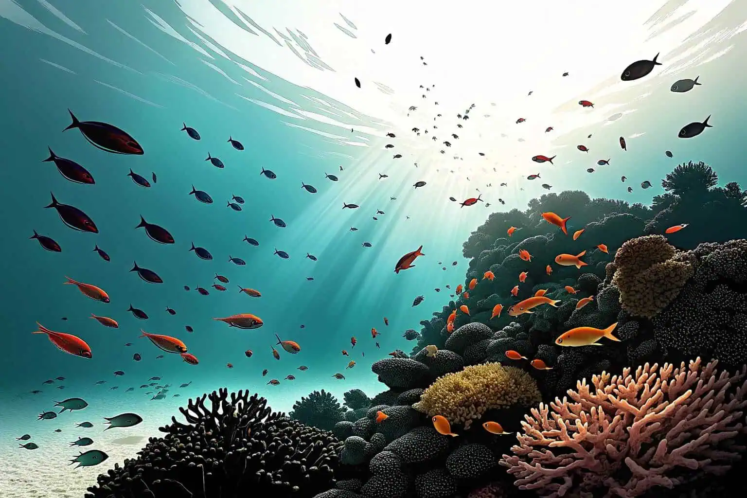 A vibrant coral reef teeming with diverse fish species