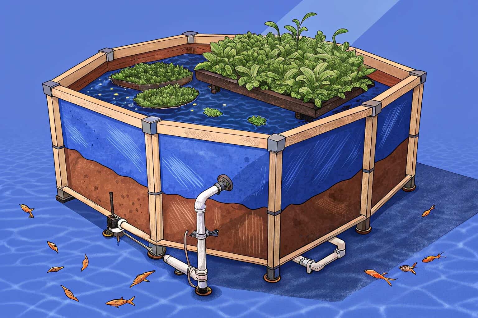 A commercial fish farm using large, galvanized sheet tanks