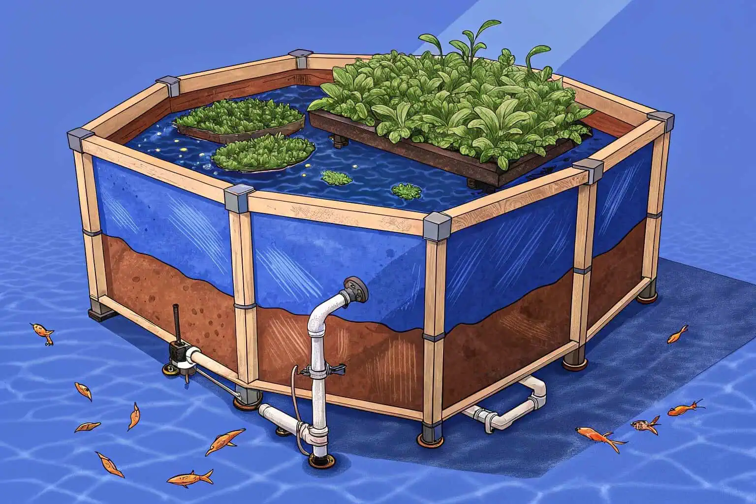 A commercial fish farm using large, galvanized sheet tanks