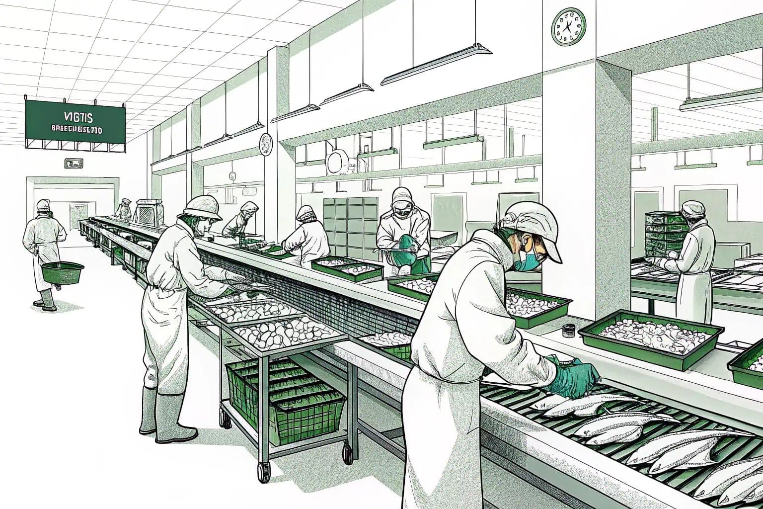 A modern fish processing plant with workers sorting fish