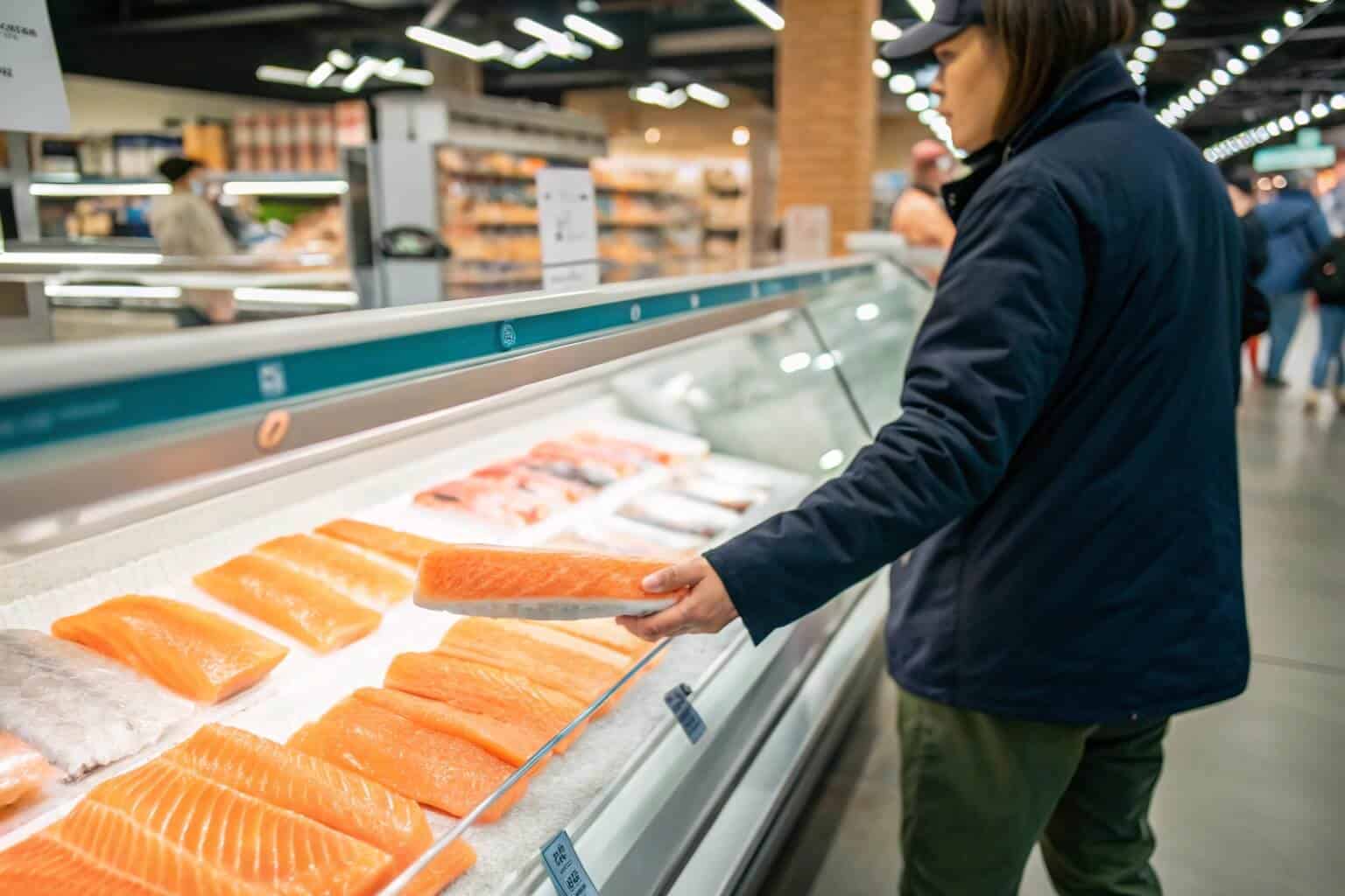 A person choosing a salmon fillet at a grocery store