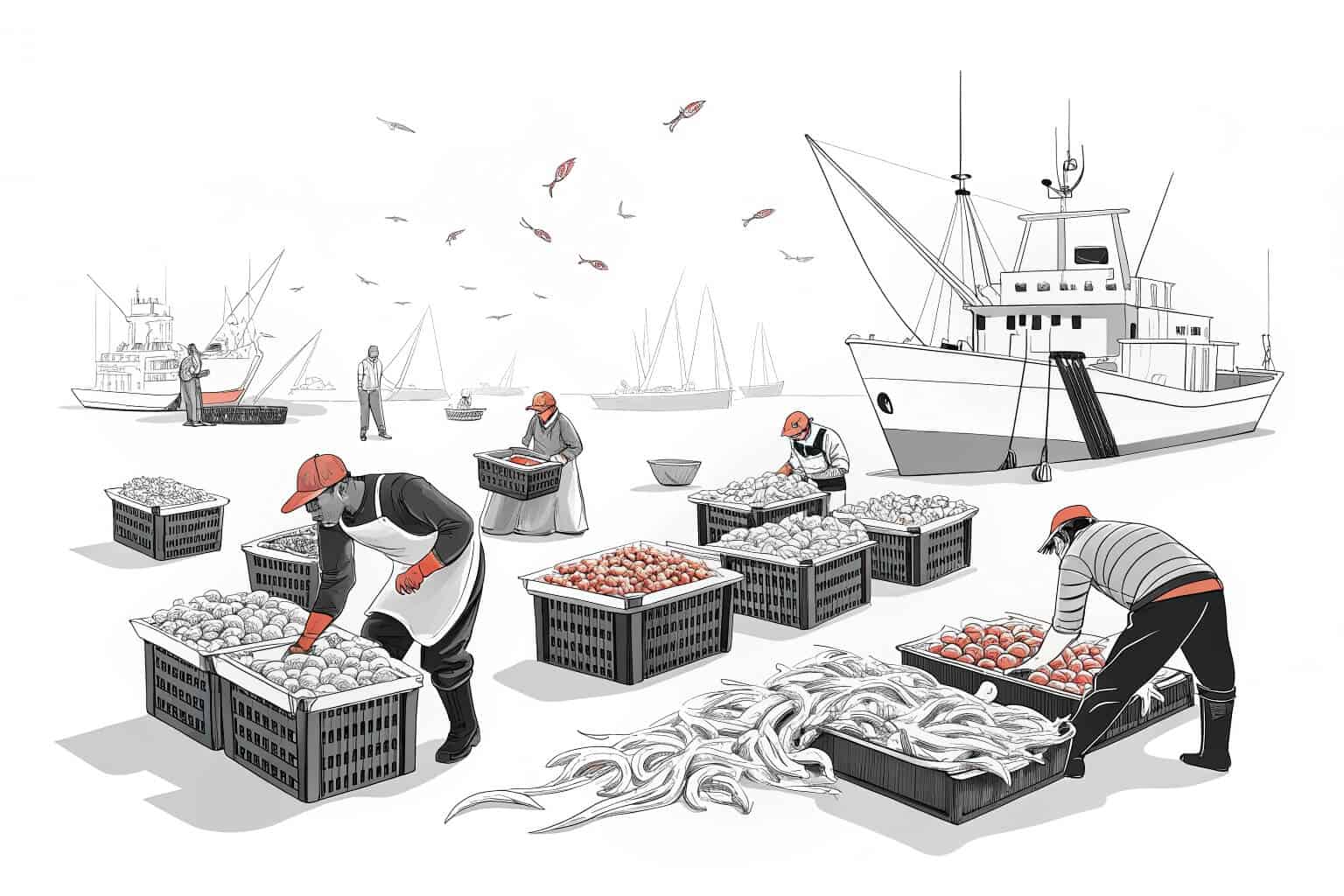 A worker sorting fish at a market