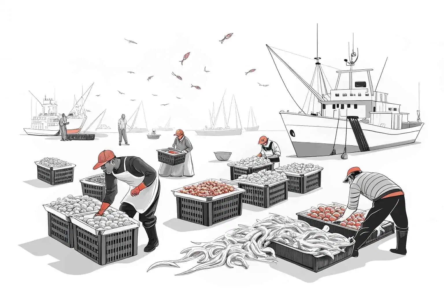 A worker sorting fish at a market