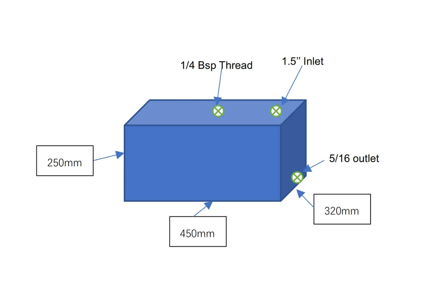 Simple schematic drawing showing dimensions and valve positions for a custom flexible tank design.
