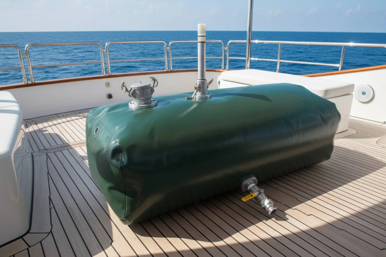 A custom flexible tank designed for marine liquid storage, installed on a boat deck showcasing OEM liquid storage manufacturing capabilities.