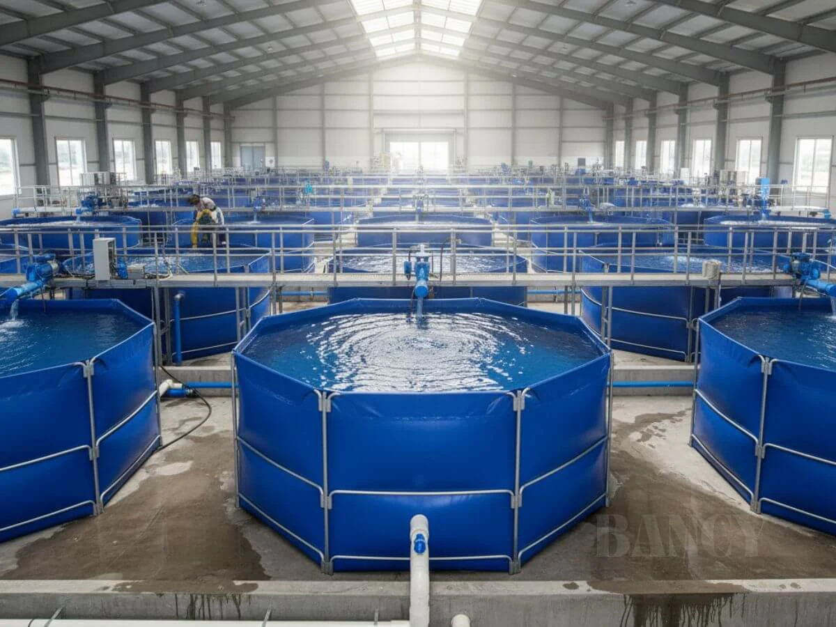 Large-scale industrial RAS facility with octagonal blue production tanks for commercial fish farming.