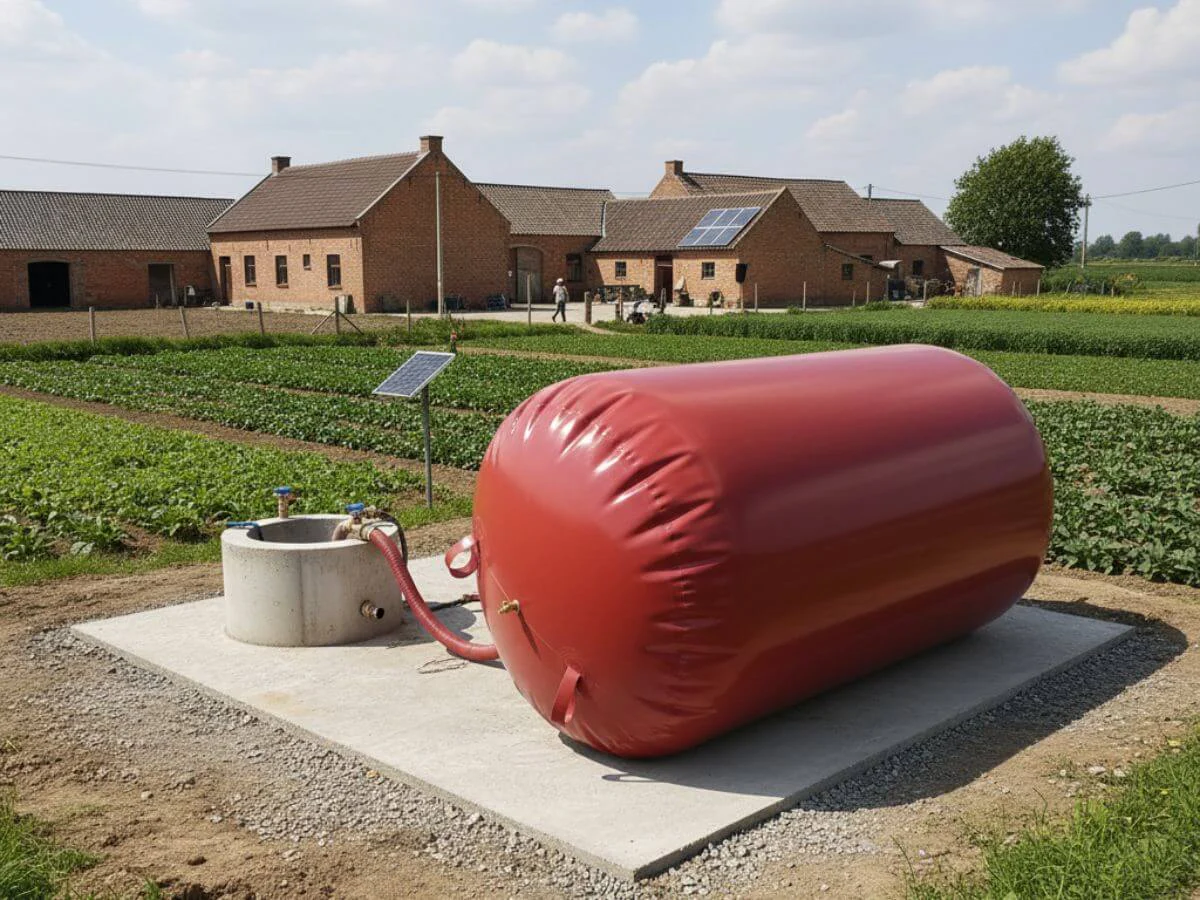 Heavy-duty red cylindrical bladder tank for agricultural liquid or biogas storage on a farm