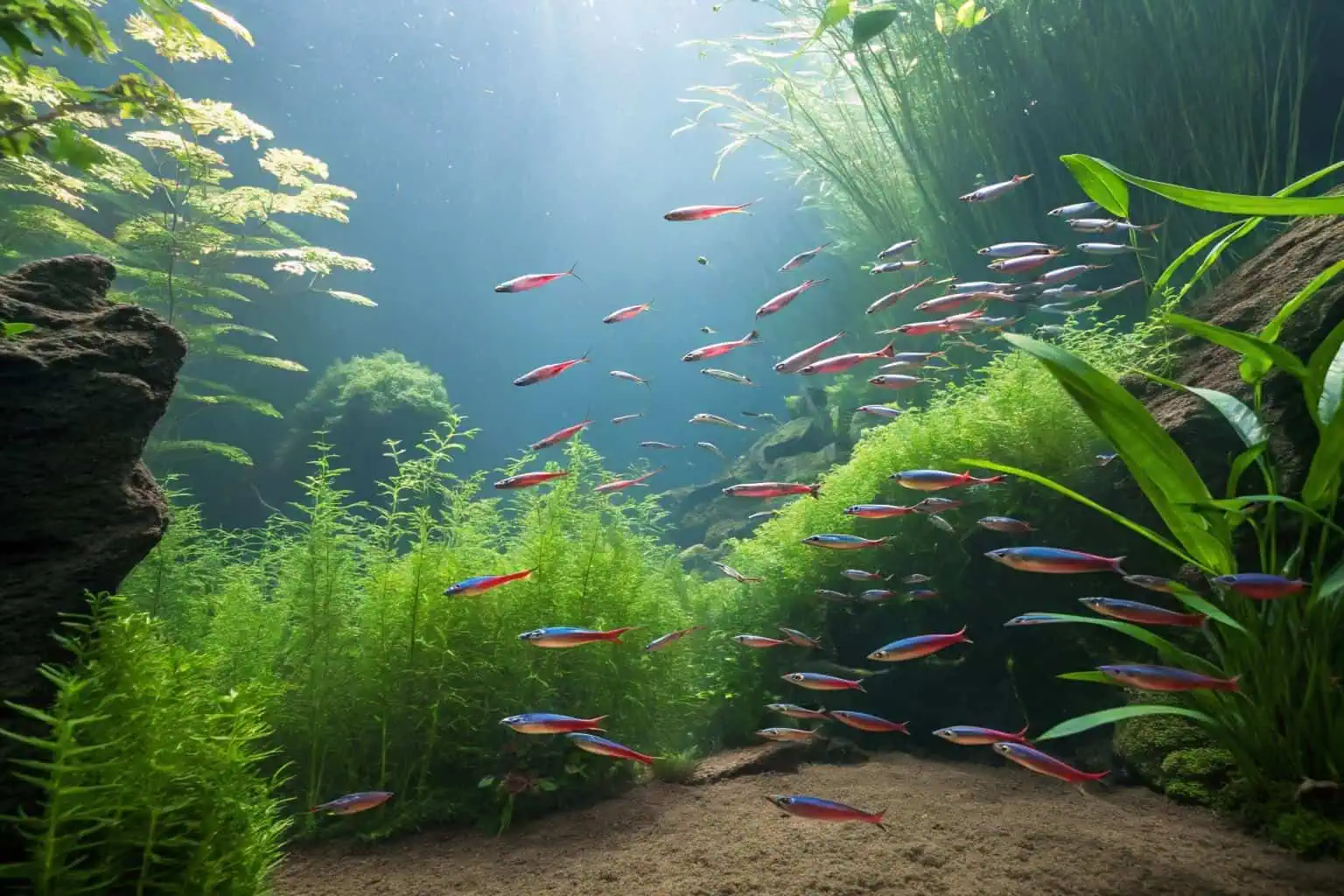 A school of brightly colored tetras in a planted aquarium