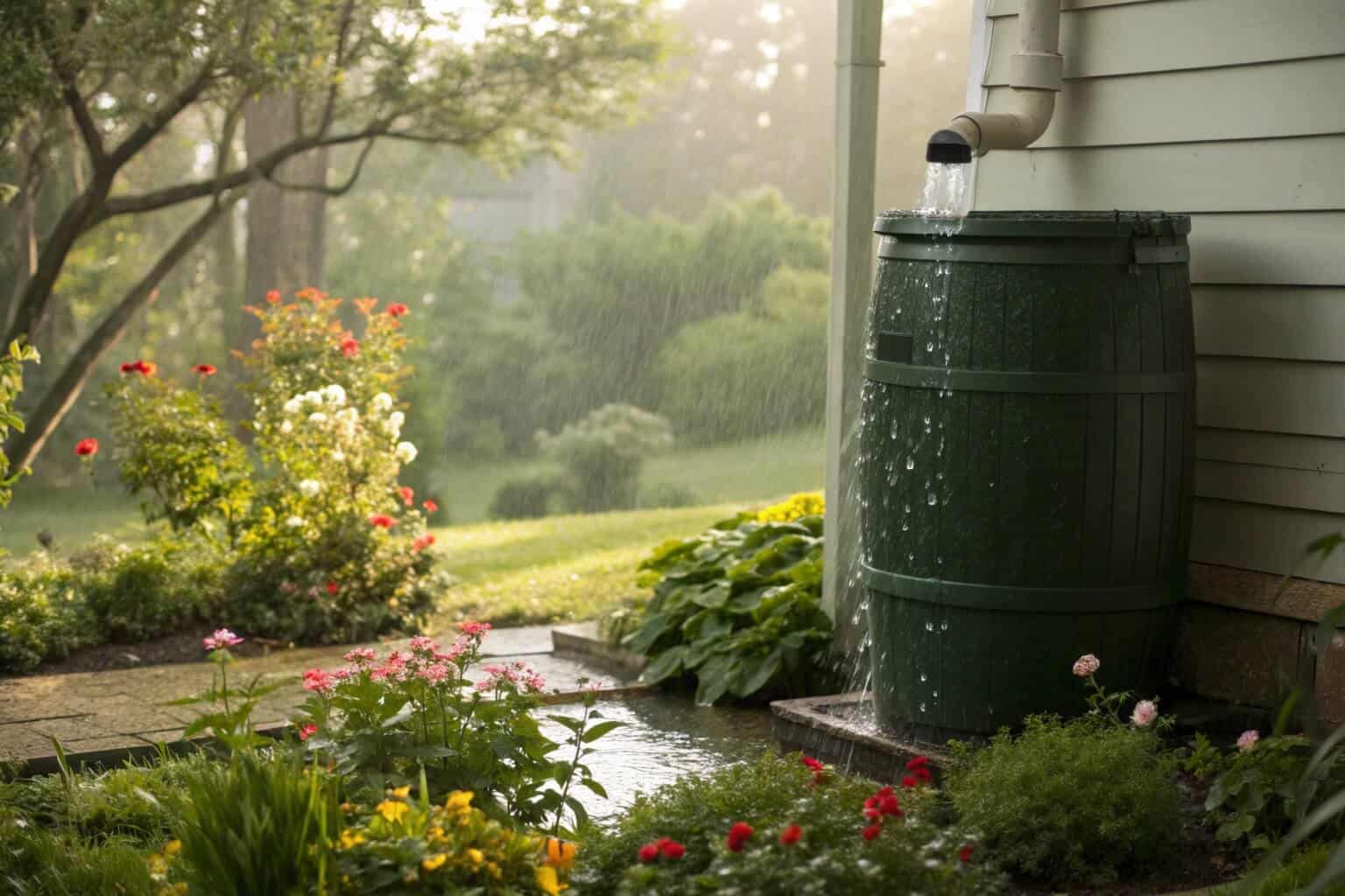 A common rain barrel connected to a downspout