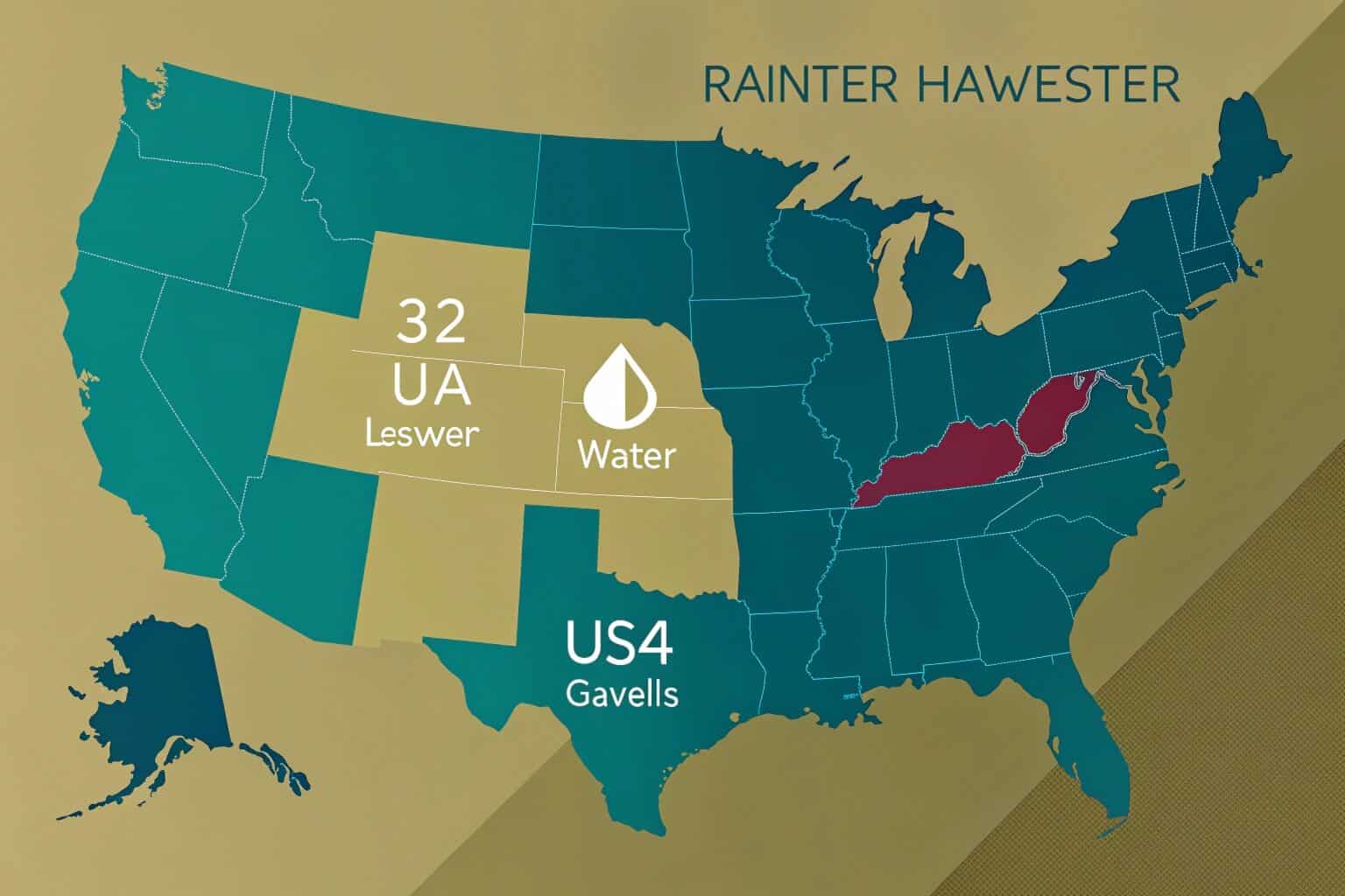 A map of the United States highlighting states with different rainwater harvesting laws