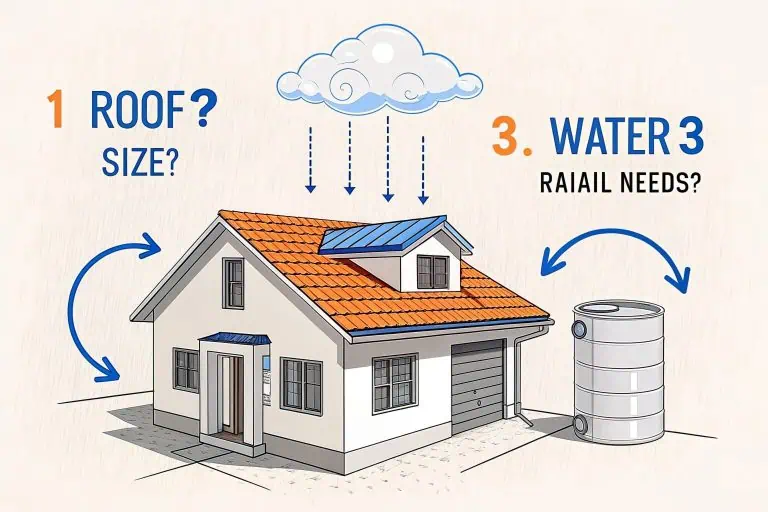 A diagram showing roof, rain, and a water tank with question marks.