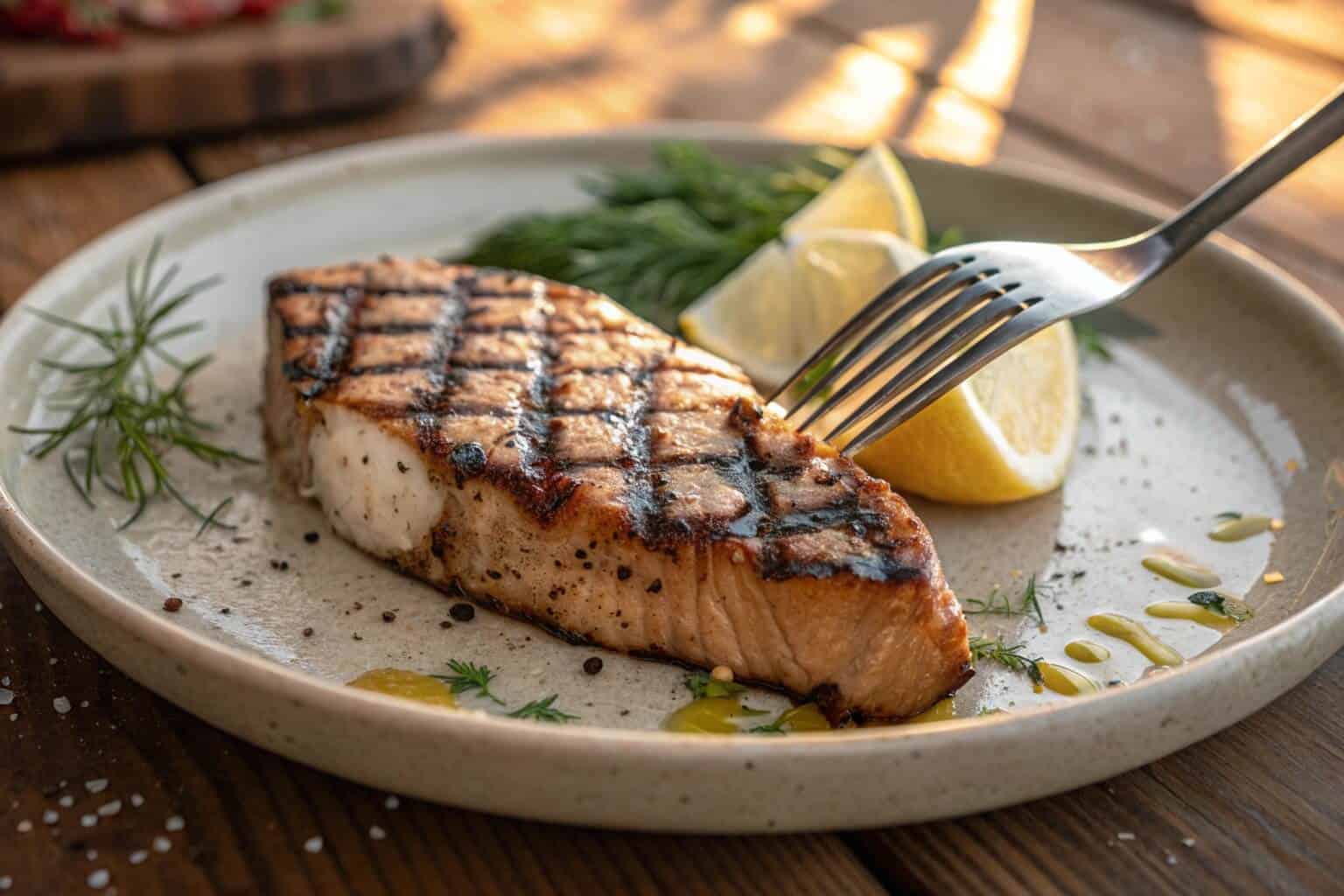 A perfectly grilled fish steak