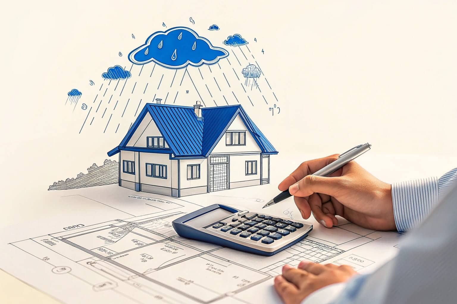 A person using a calculator with a roof and rain cloud icon nearby.