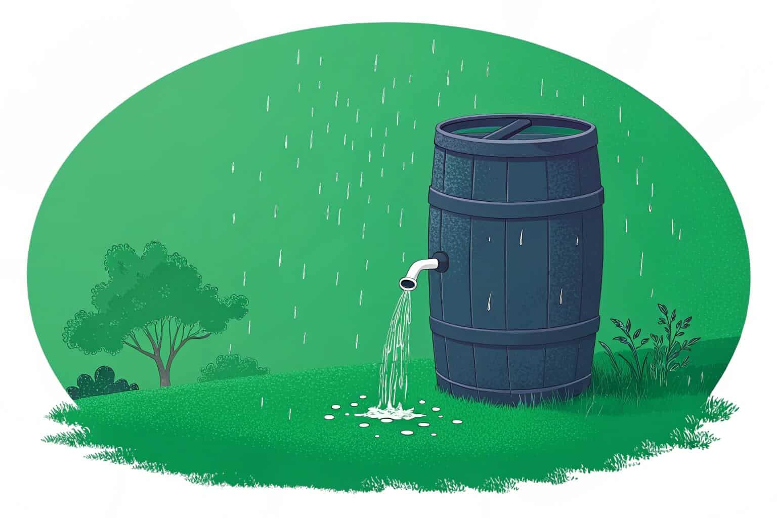 A 50-gallon rain barrel filling up during a rainstorm