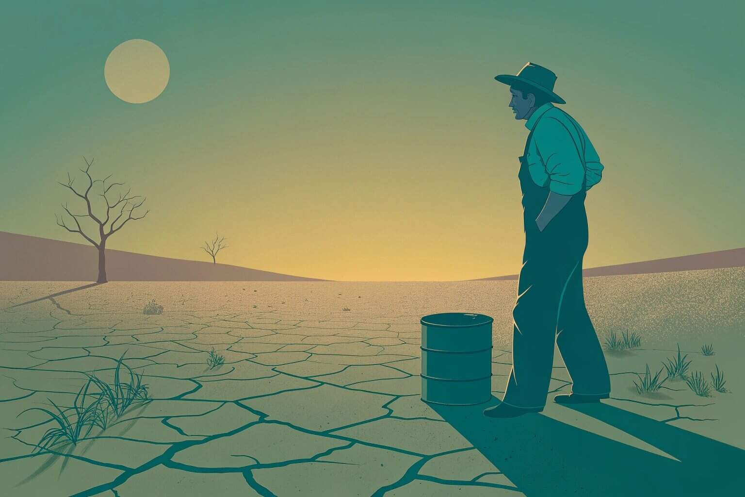 A farmer looking at a dry field with a rain barrel in the background