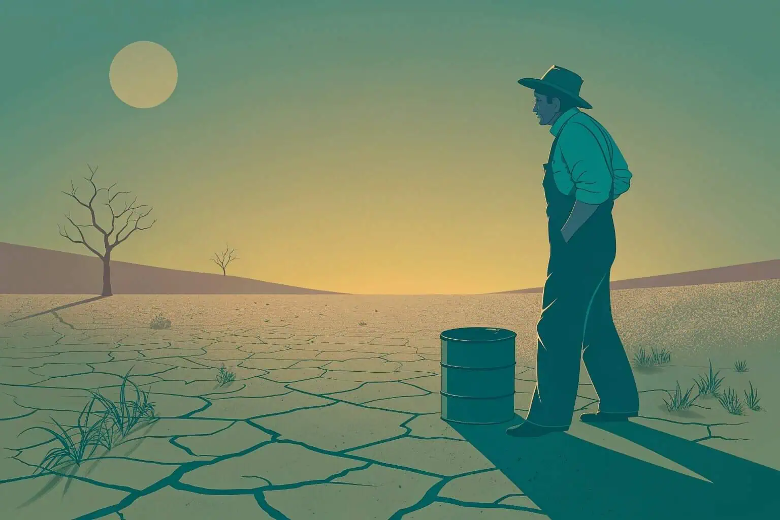 A farmer looking at a dry field with a rain barrel in the background