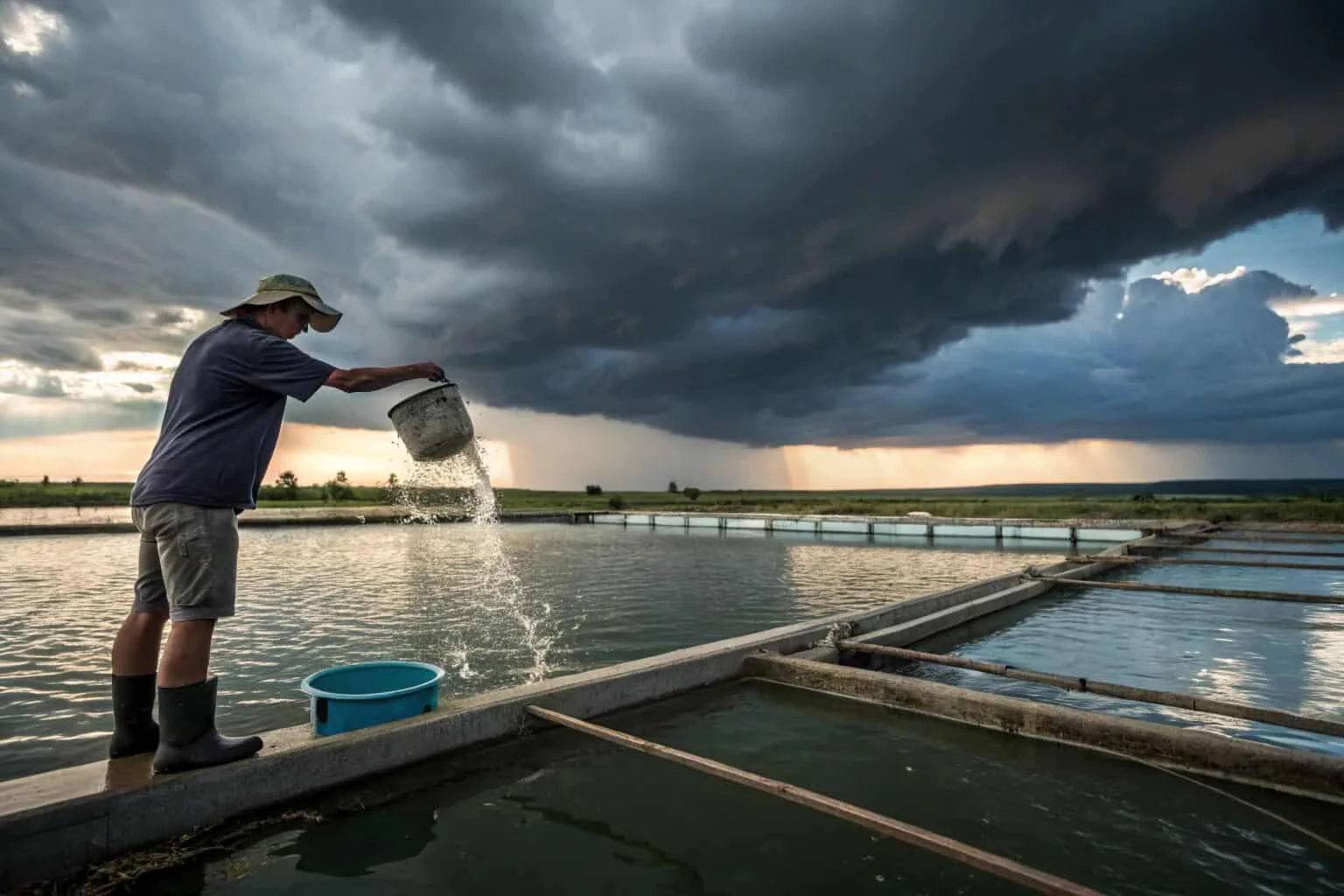 A person feeding fish in a large pond