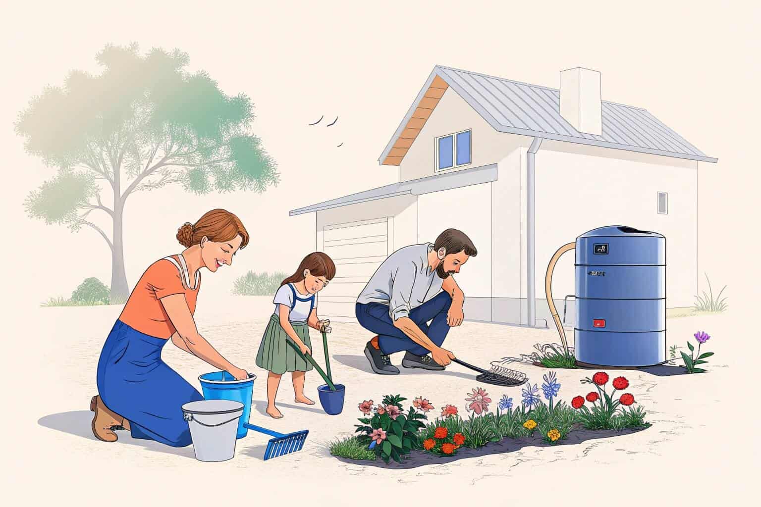 A happy family gardening with a moderately sized, foldable rainwater tank in the background.