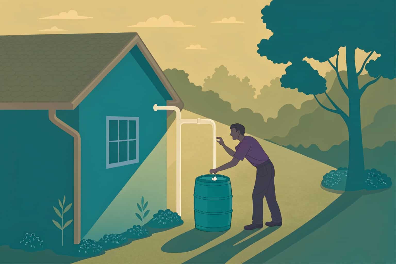 A person setting up a simple rainwater harvesting system with a barrel