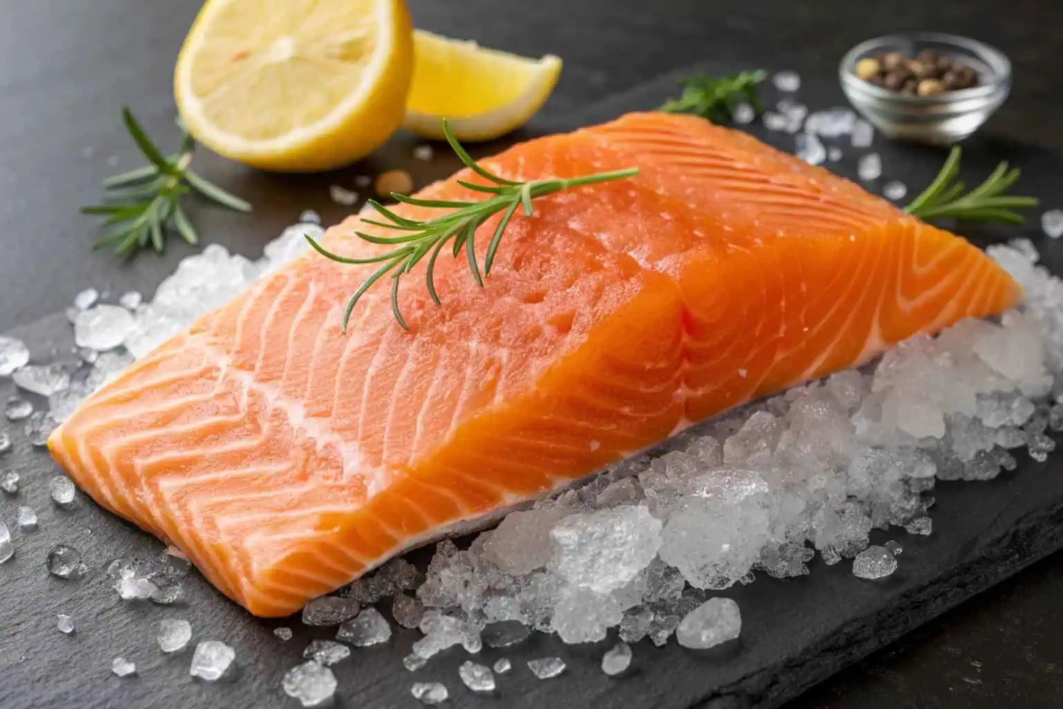 A beautiful salmon fillet on a bed of ice