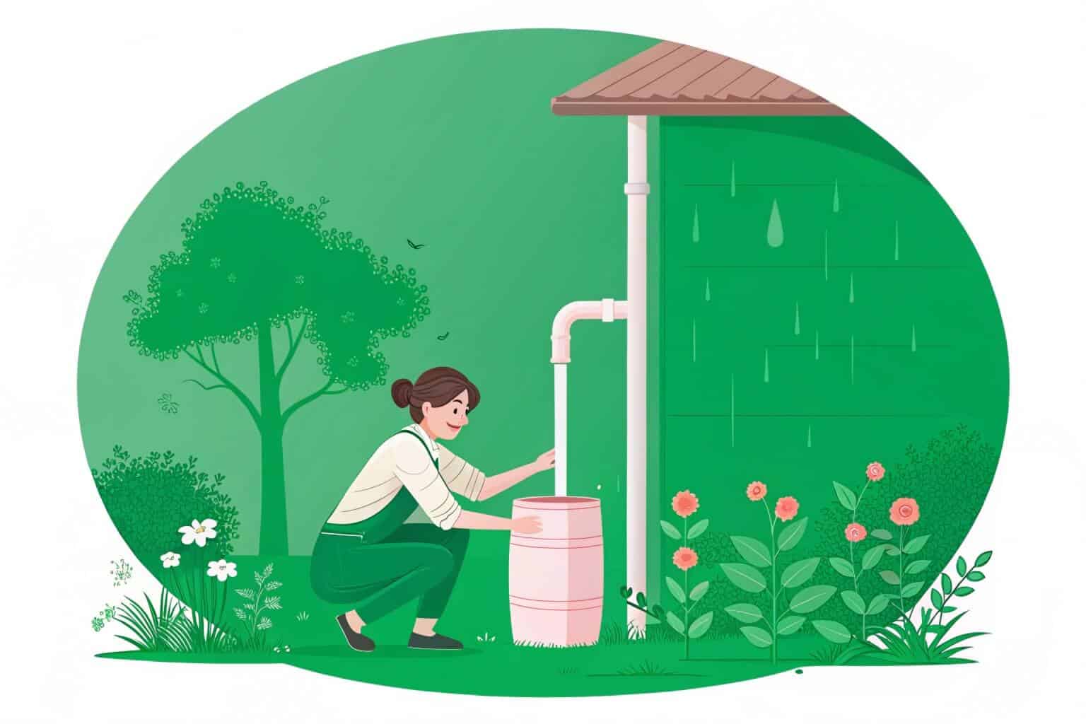 A person setting up a simple rain barrel system in their garden