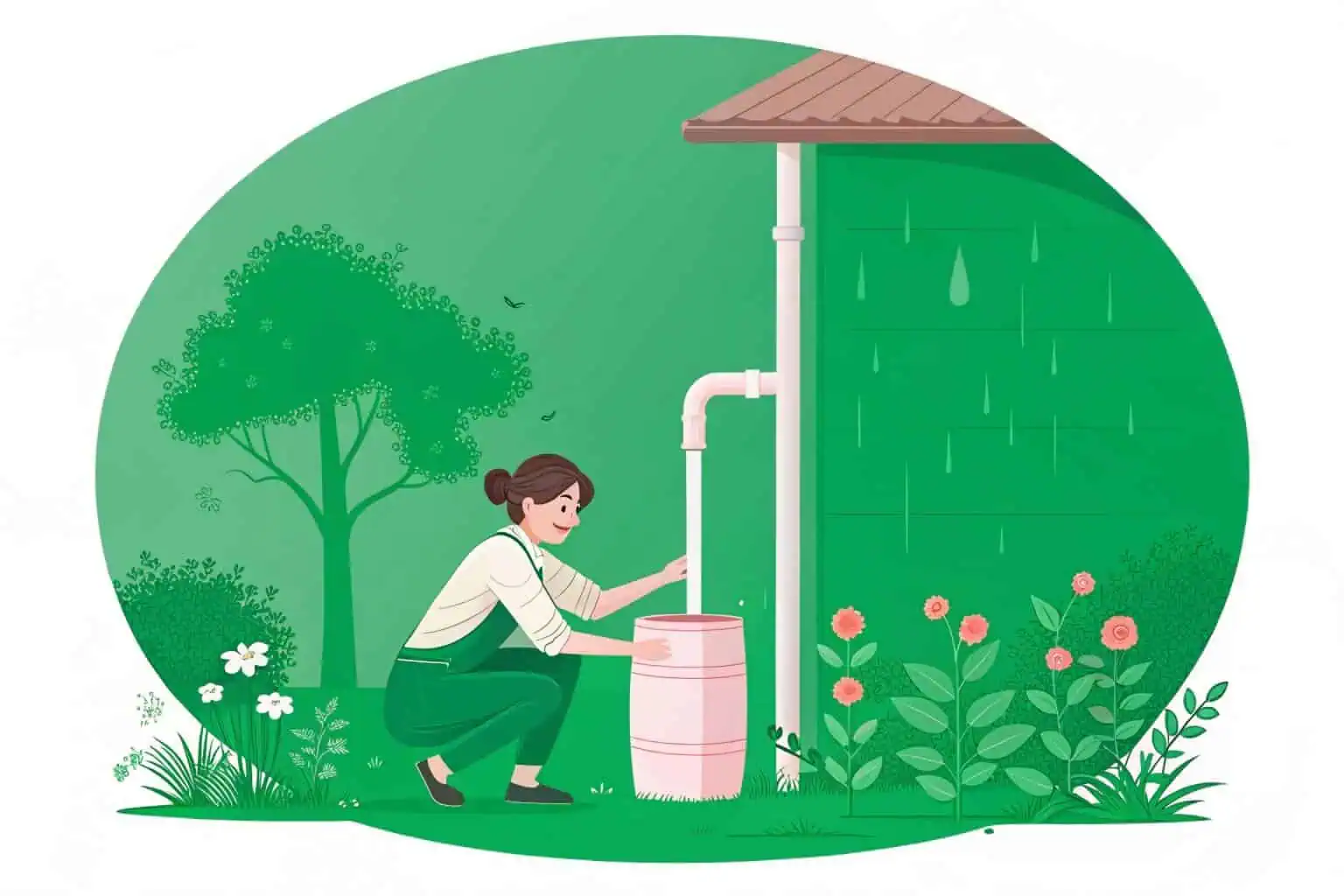 A person setting up a simple rain barrel system in their garden