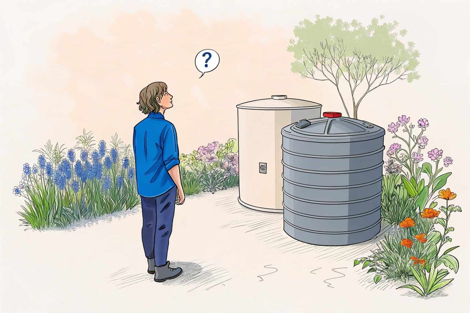 A person looking at two different sized rainwater tanks, looking confused.