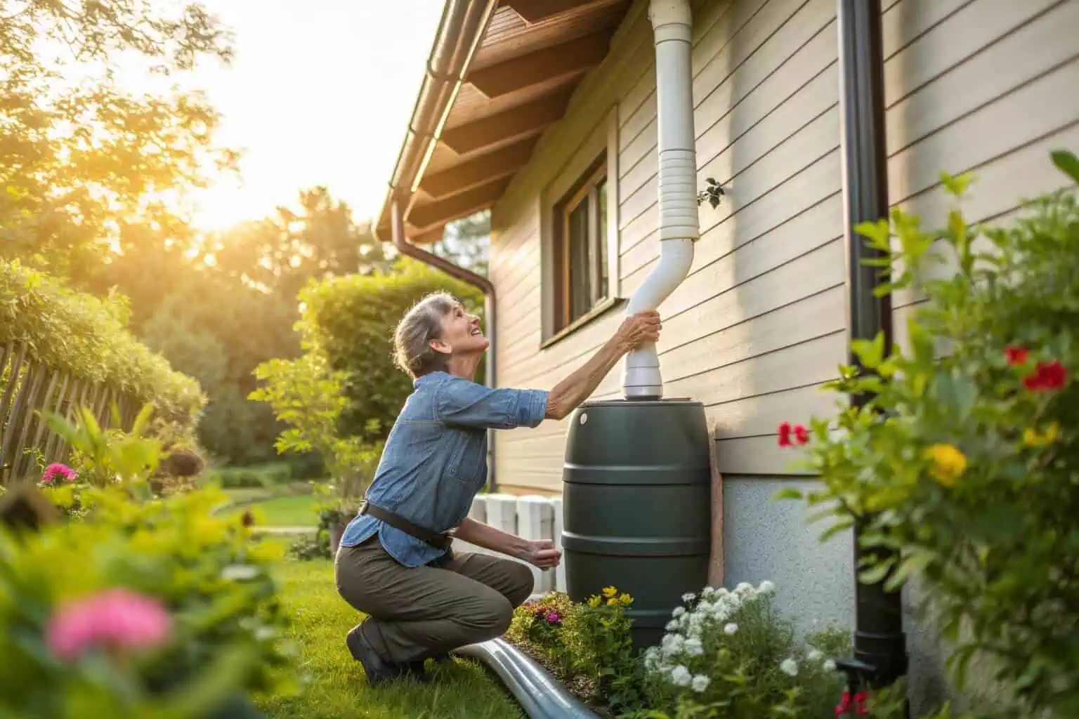 A person installing a rainwater harvesting system