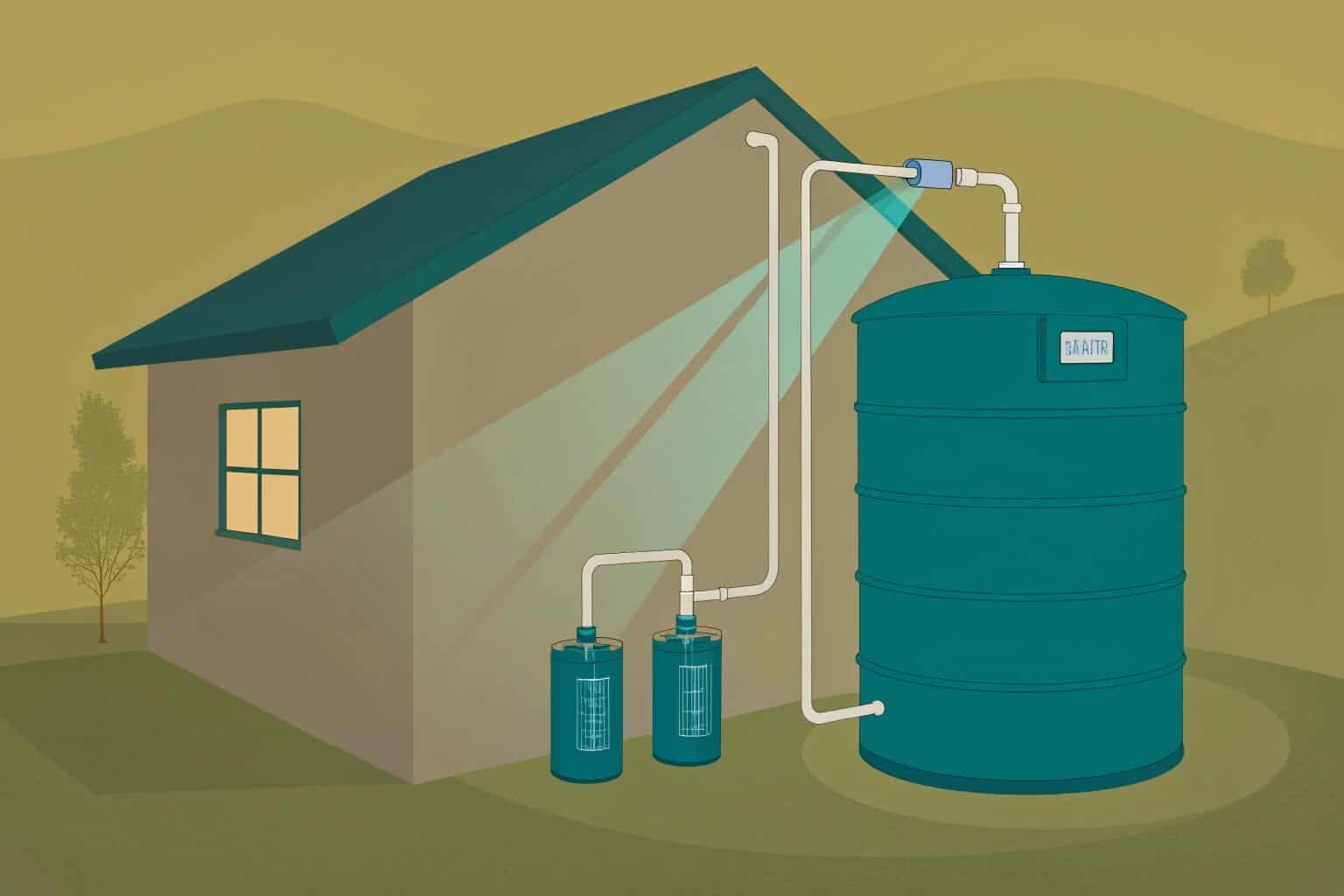 An advanced rainwater harvesting system with filtration and a large storage tank