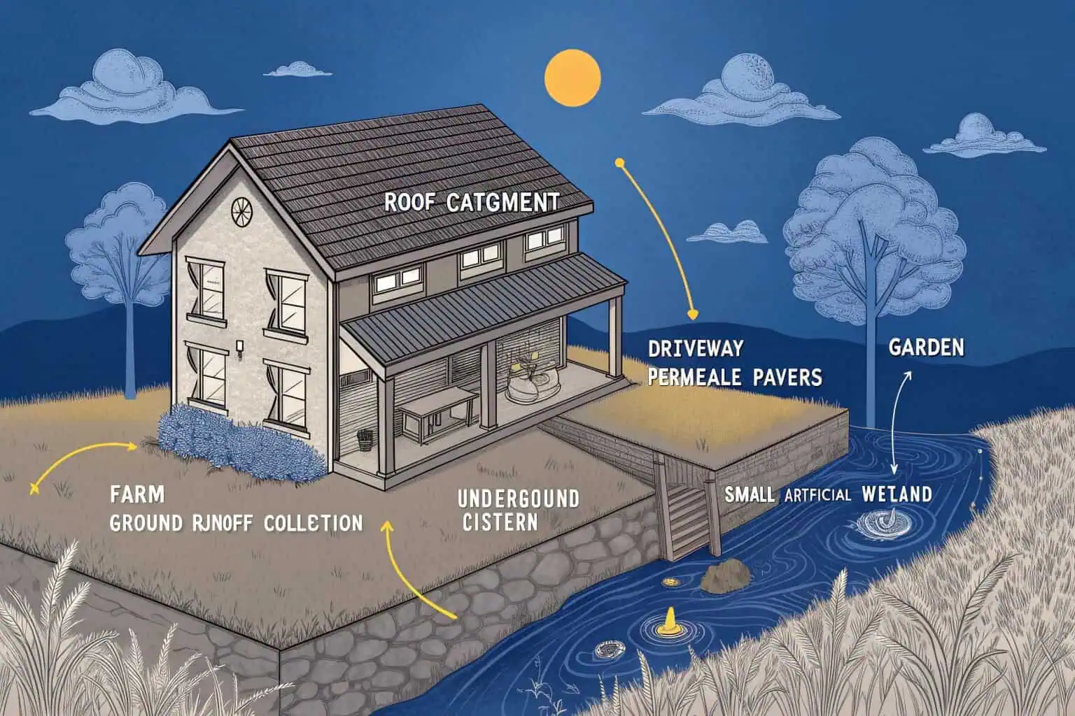 A diagram showing the 7 types of rainwater harvesting