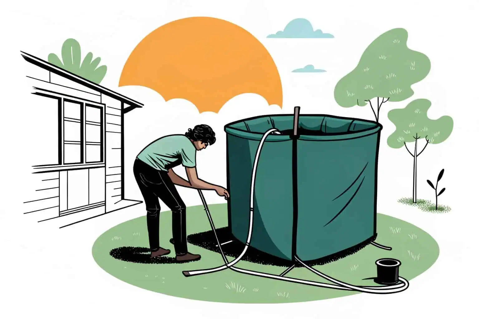 A collapsible PVC rain barrel being set up in a backyard