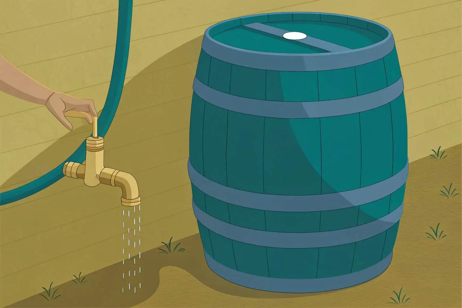 A DIY rain barrel system made from a repurposed food-grade barrel