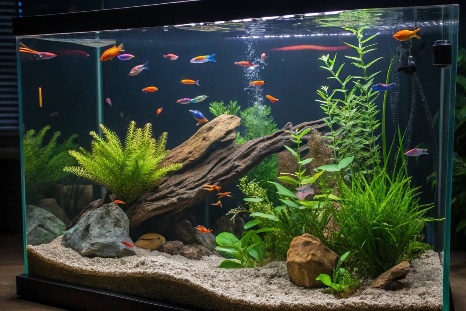 A vibrant aquarium full of colorful ornamental fish