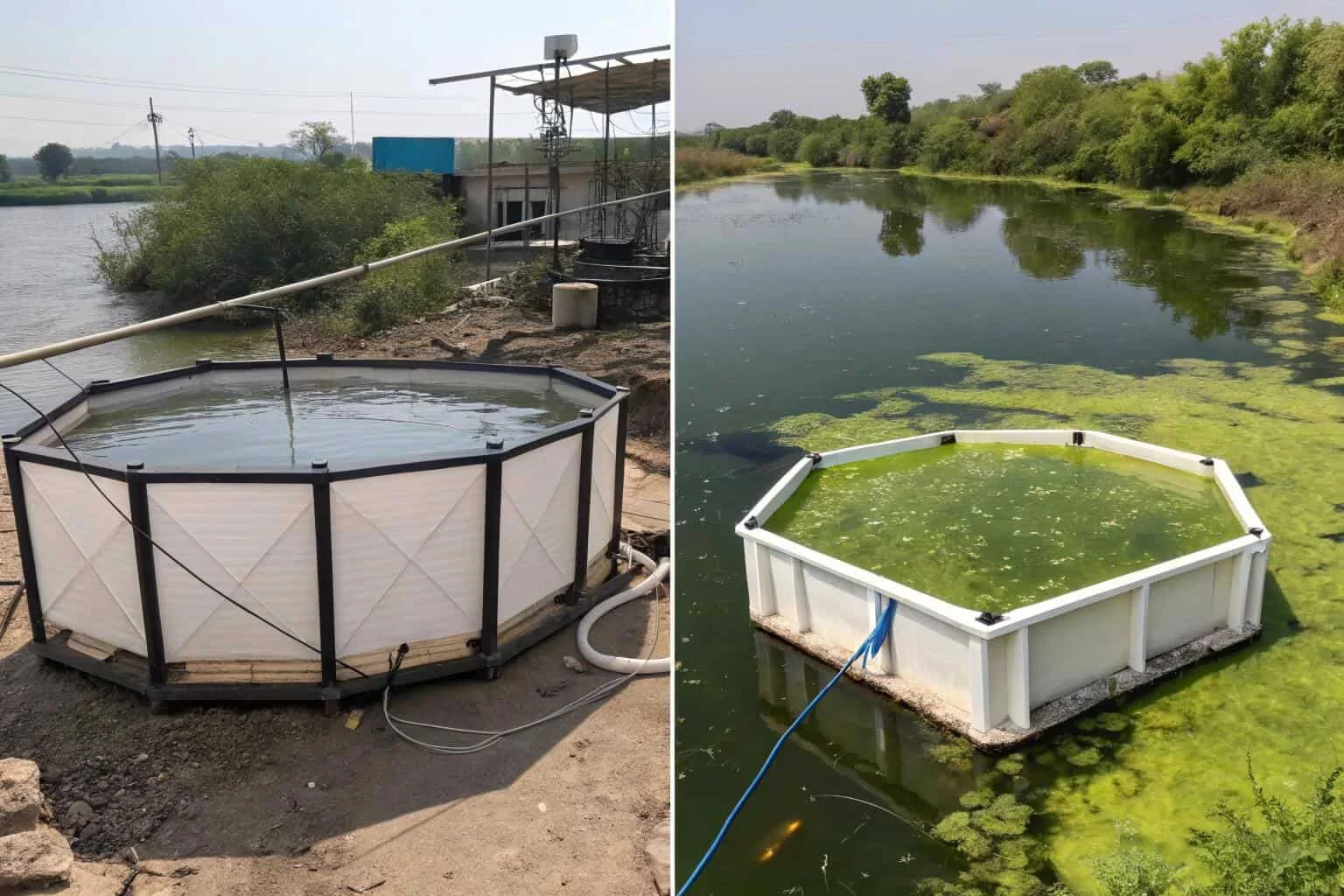 A split image showing a clean fish farm and a polluted river