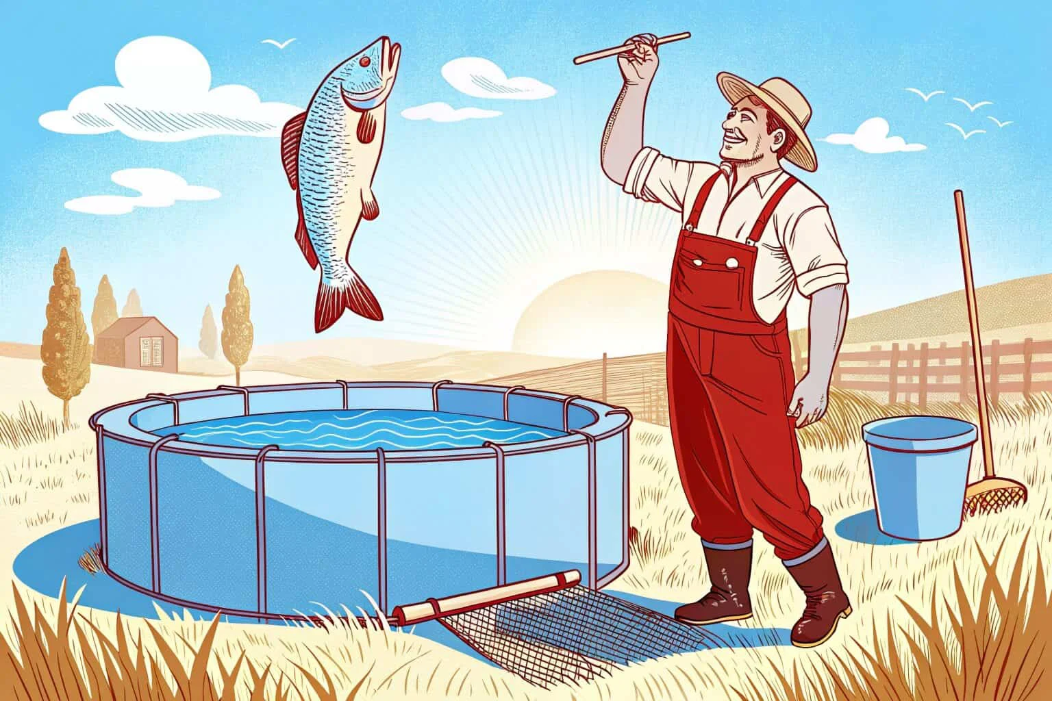 A farmer holding a large, healthy fish with a smile