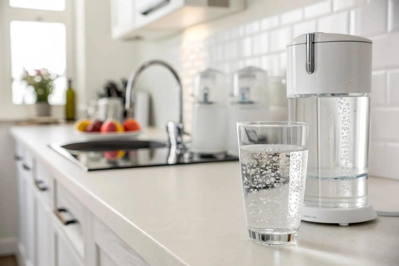 A glass of clean water next to a water filter