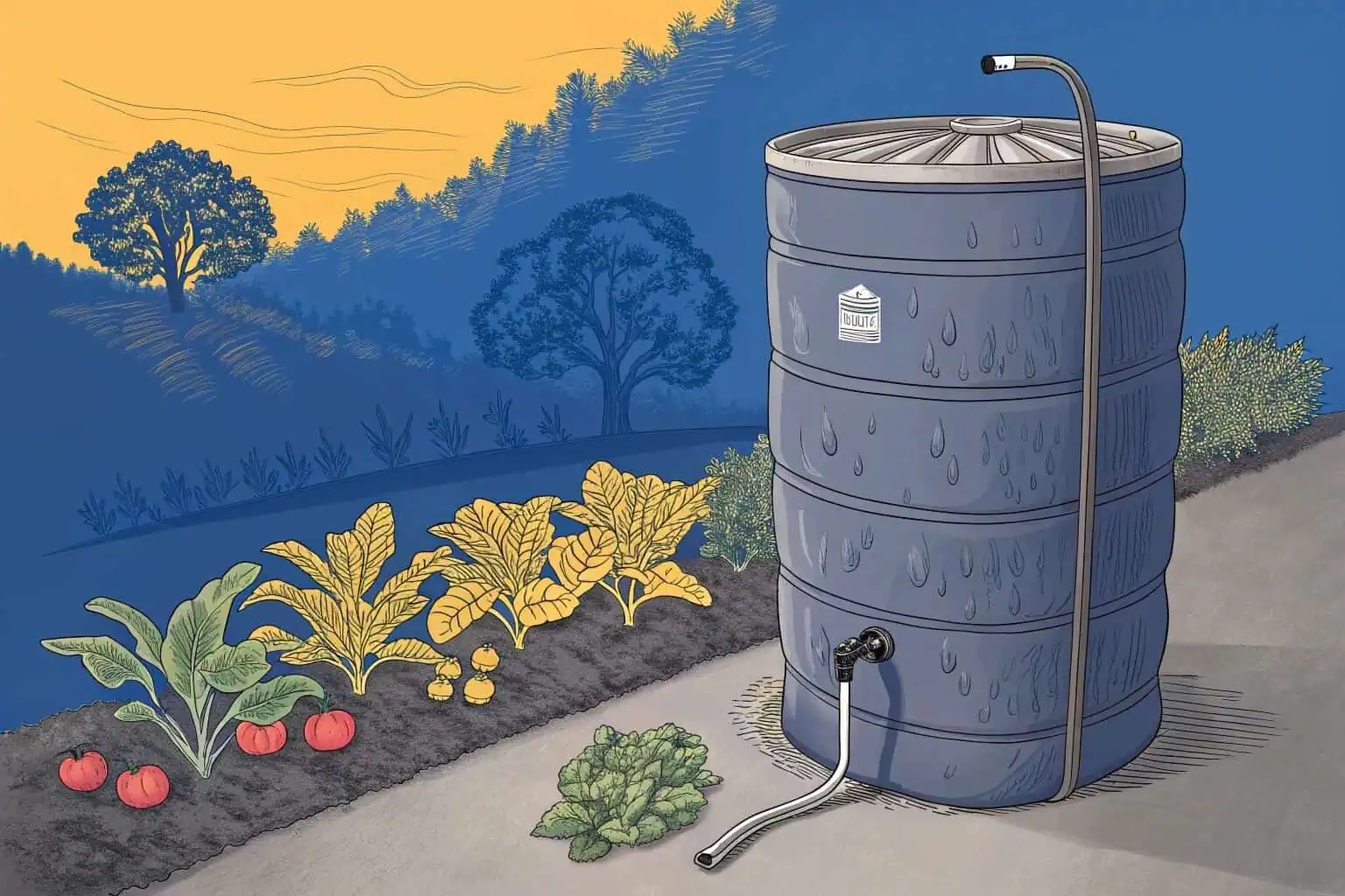A sealed rainwater barrel next to a garden